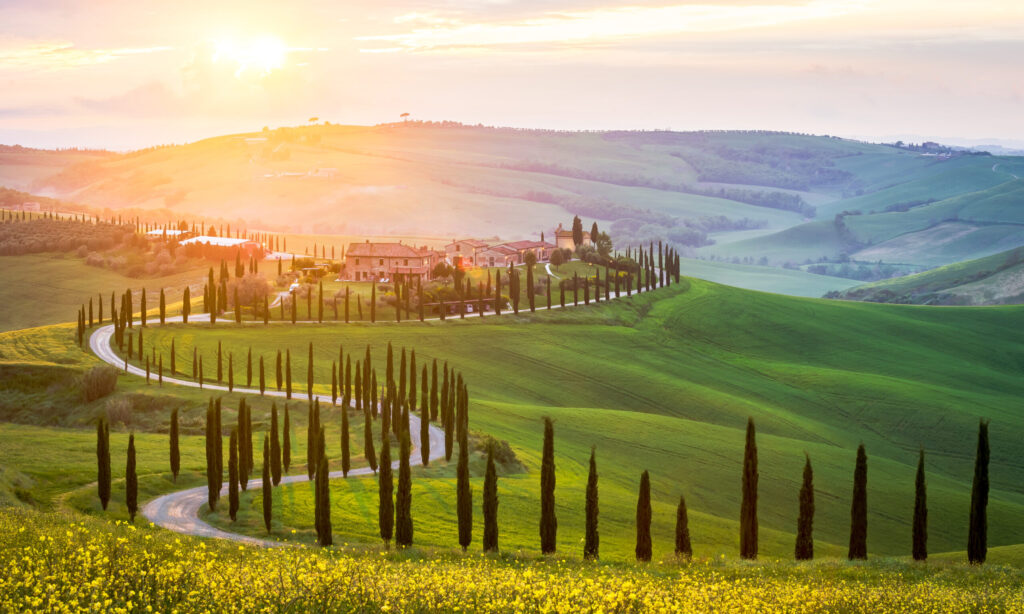 Typical Tuscan Landscape with windy roads and cypress trees