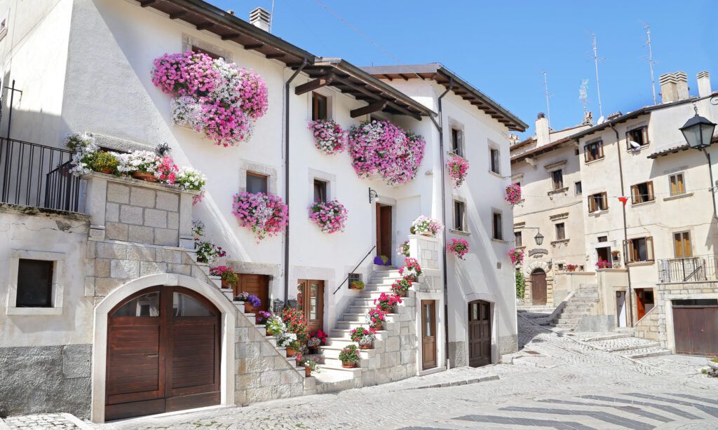 Houses decorated with flowers in little town of Pescocostanzo