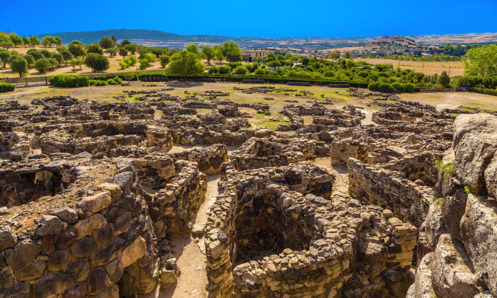 View of prehistoric nuragic complex of Su Nuraxi di Barumini, UNESCO World Heritage List