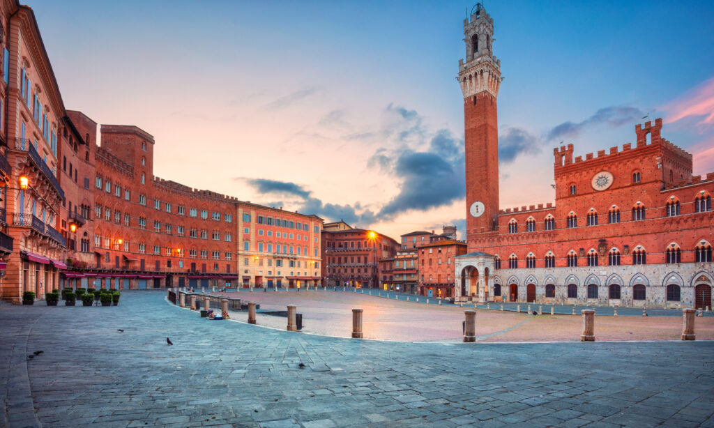 Cityscape image of Siena with Piazza del Campo during sunrise
