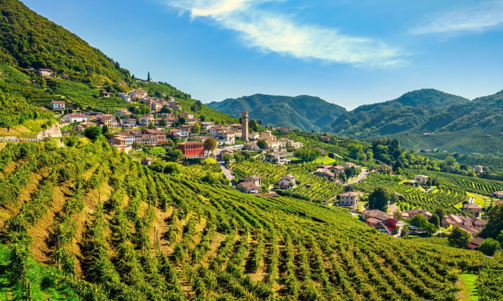 Prosecco Hills, vineyards and Santo Stefano village. Unesco Site. Valdobbiadene, Treviso, Veneto, Italy.