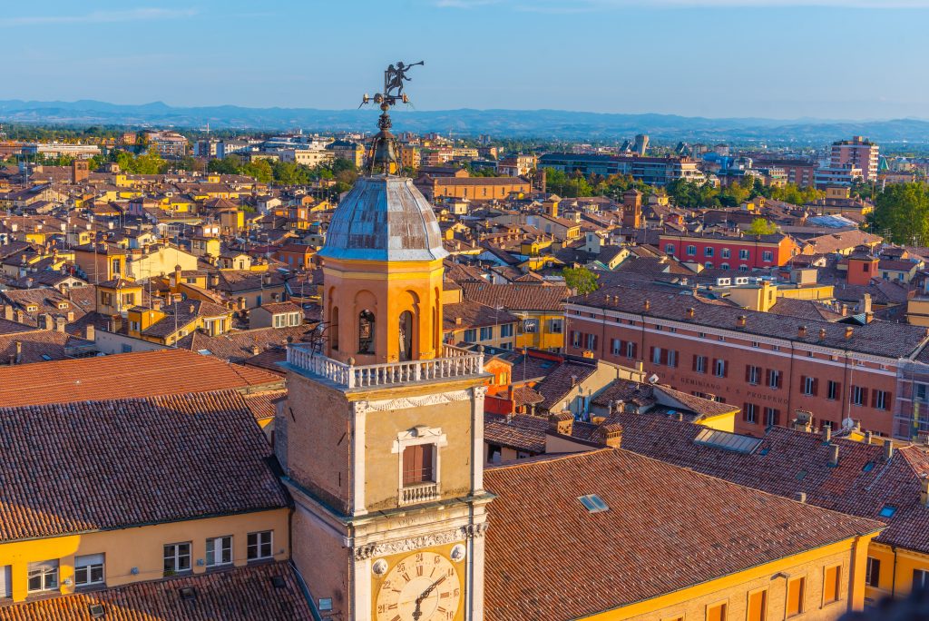 Aerial view of Palazzo Comunale in Italian town Modena.