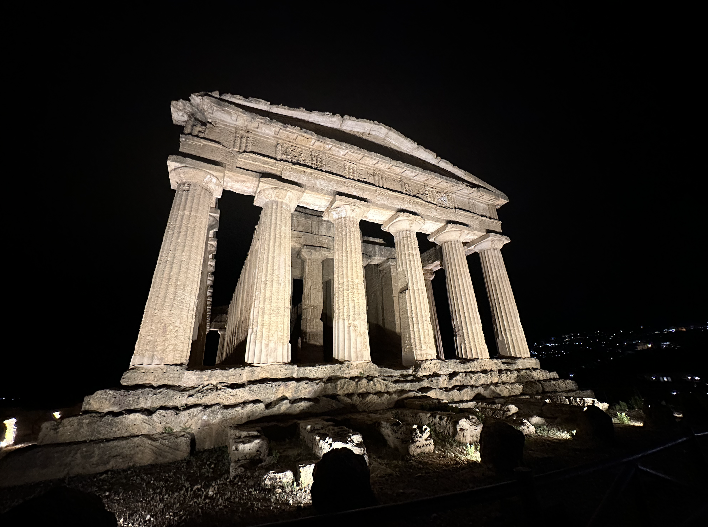 Valle Dei Templi Agrigento with lights at night.