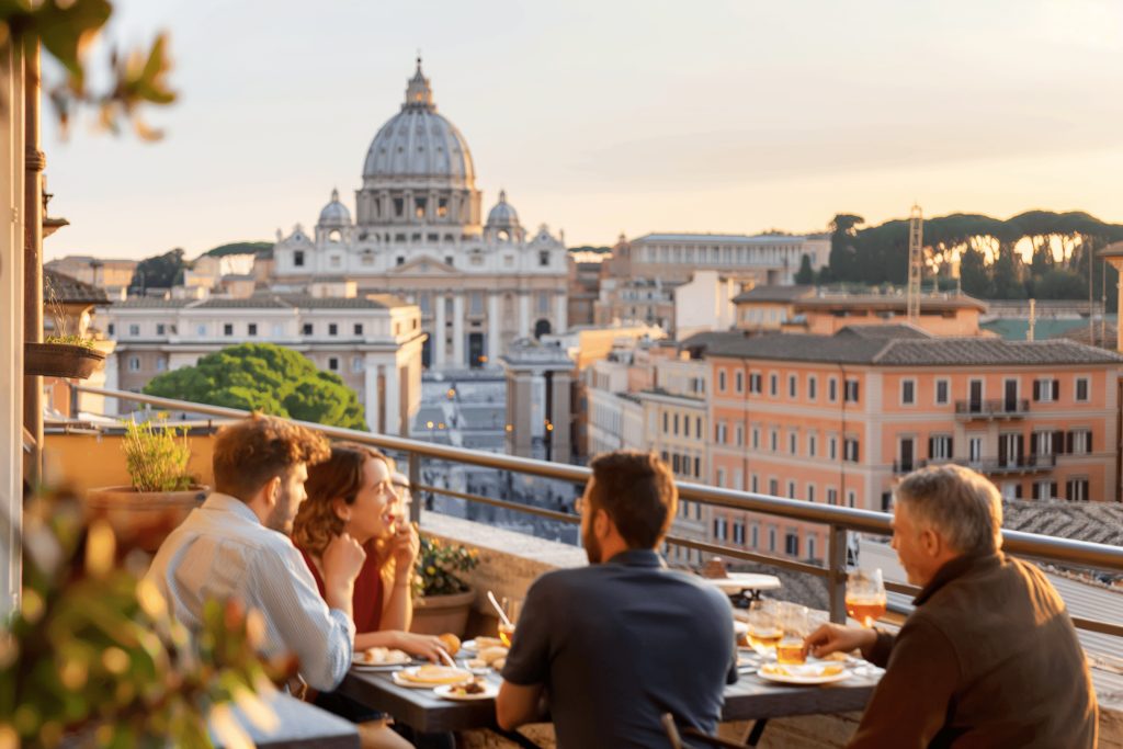 Capture the warmth of early autumn in Rome with a group of friends enjoying a vibrant Italian meal on a rooftop terrace, overlooking the golden cityscape.