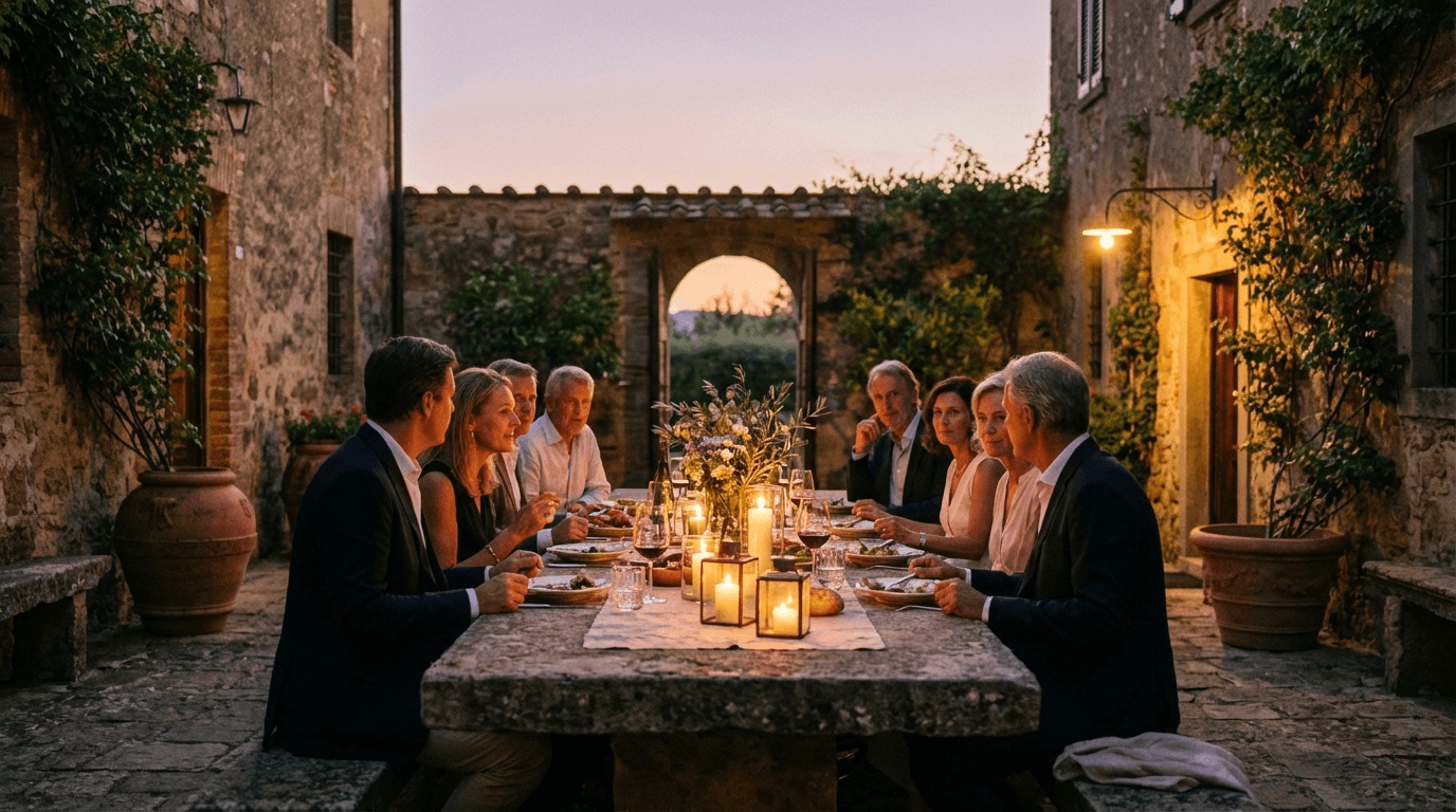 Private intimate dinner event in the Italian countryside, set outdoors with long table dining, warm lighting, and a scenic rural landscape atmosphere.