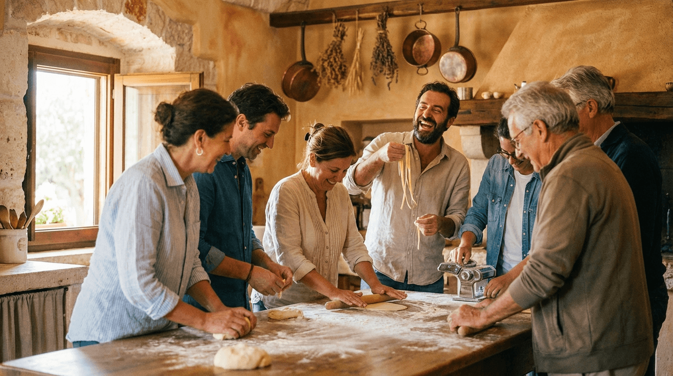 Team building event in Italy with a group cooking together at a rustic farmhouse kitchen.