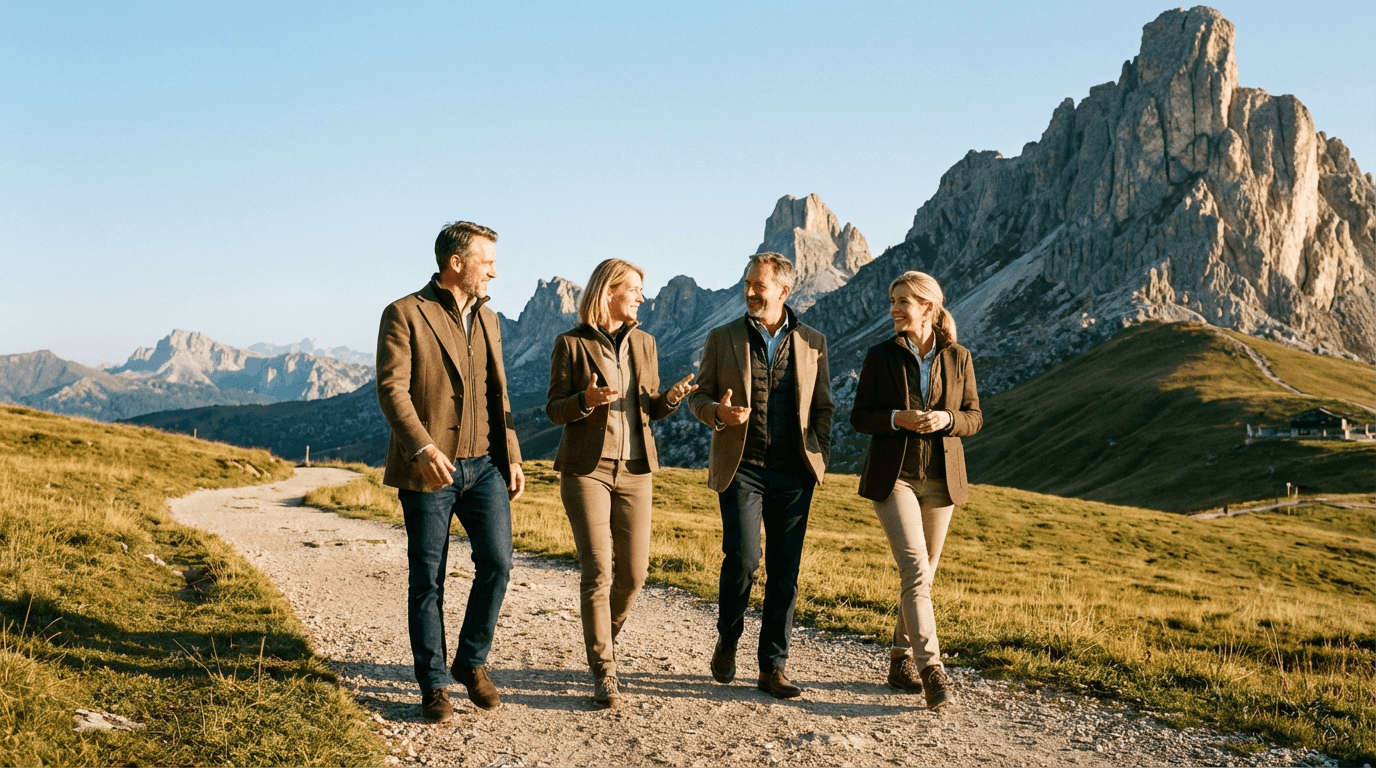 Corporate leadership retreat in the Italian Dolomites, with a team hiking through dramatic mountain landscapes during an outdoor strategy and bonding experience.