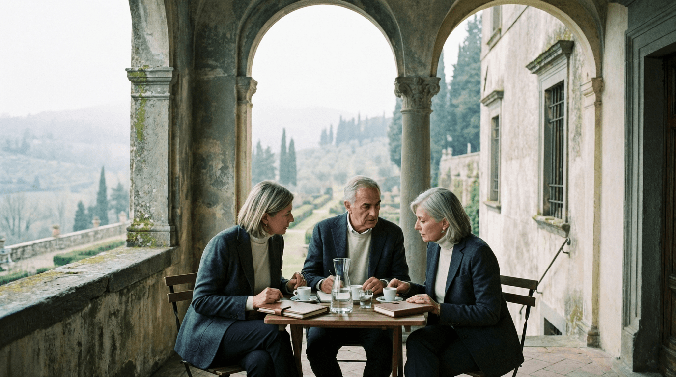 Executive offsite in Italy at a countryside villa, with leadership team engaged in focused decision-making and strategic discussion in a calm, private setting.