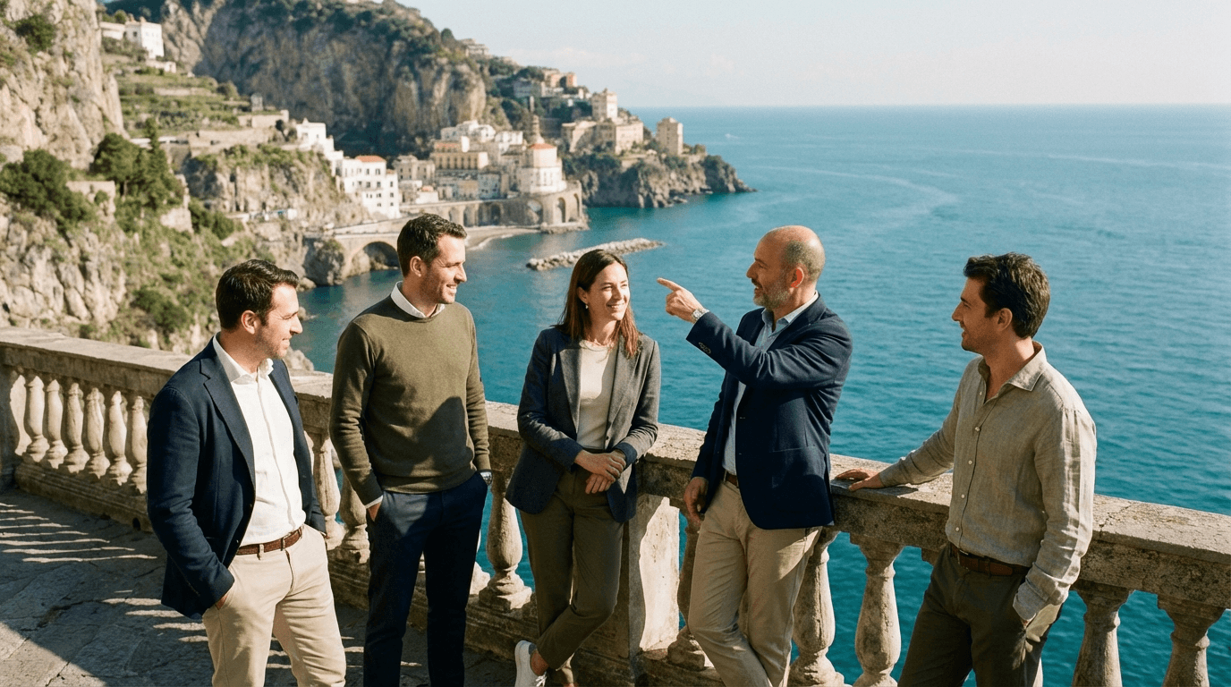 Team building strategy session on the Amalfi Coast in Italy, with a group of professionals collaborating in a scenic coastal setting overlooking the sea.