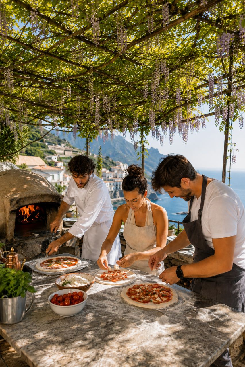 Three cooks preparing pizzas at a wood-fired oven on an outdoor terrace above the Amalfi Coast.