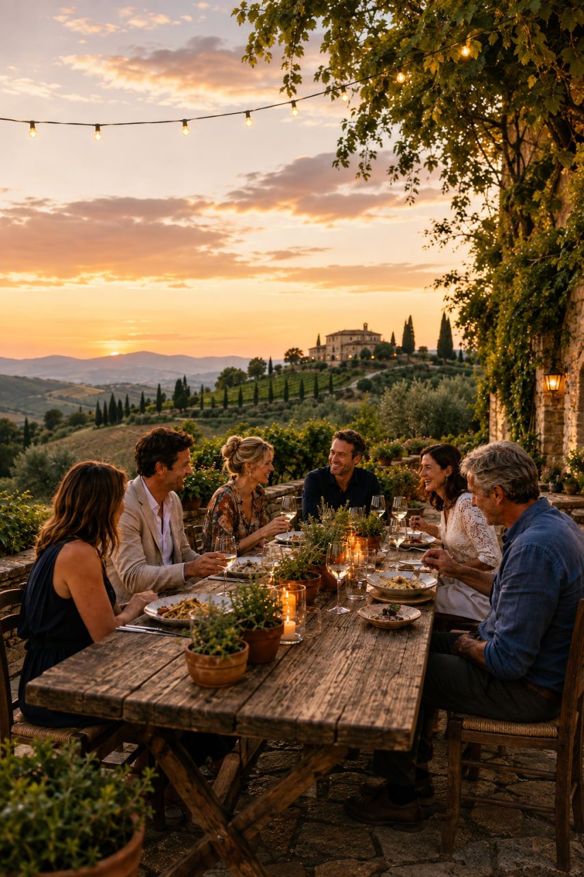 A long table set for a group dinner on a terrace at dusk in the Tuscan countryside.