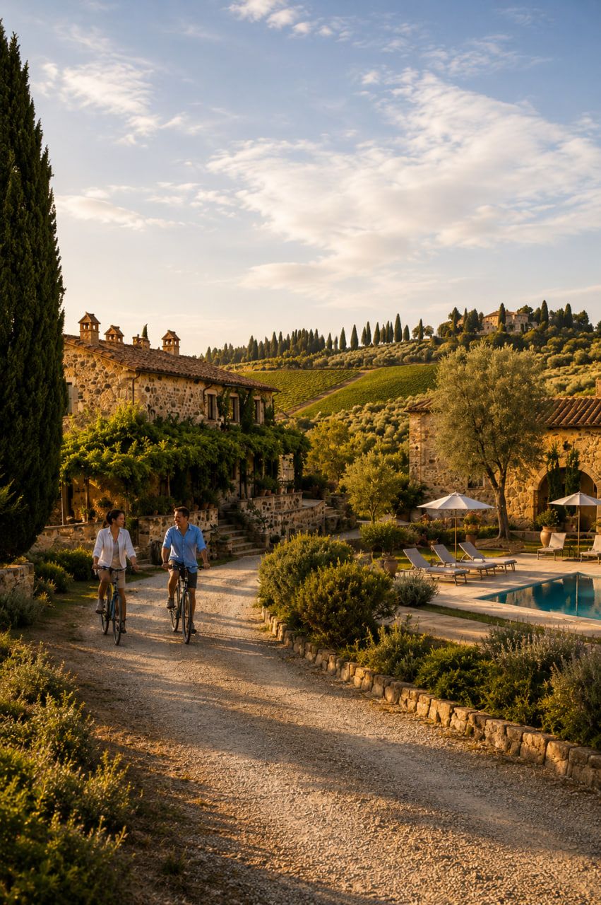 Vineyards and olive groves surrounding a Tuscan agriturismo near San Gimignano, the Tuscany base for Italiaplus group tours.