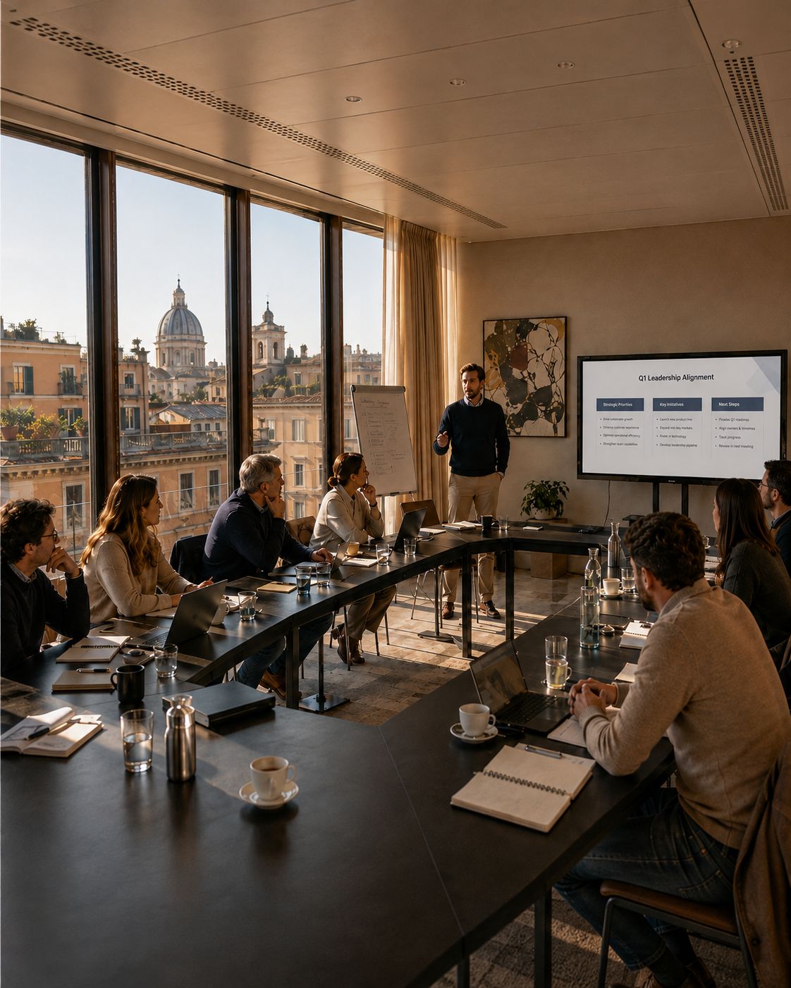 Ein Konferenzraum in U-Form für 16 Personen mit Bildschirm, Flipchart und durchgehender Kaffeestation.