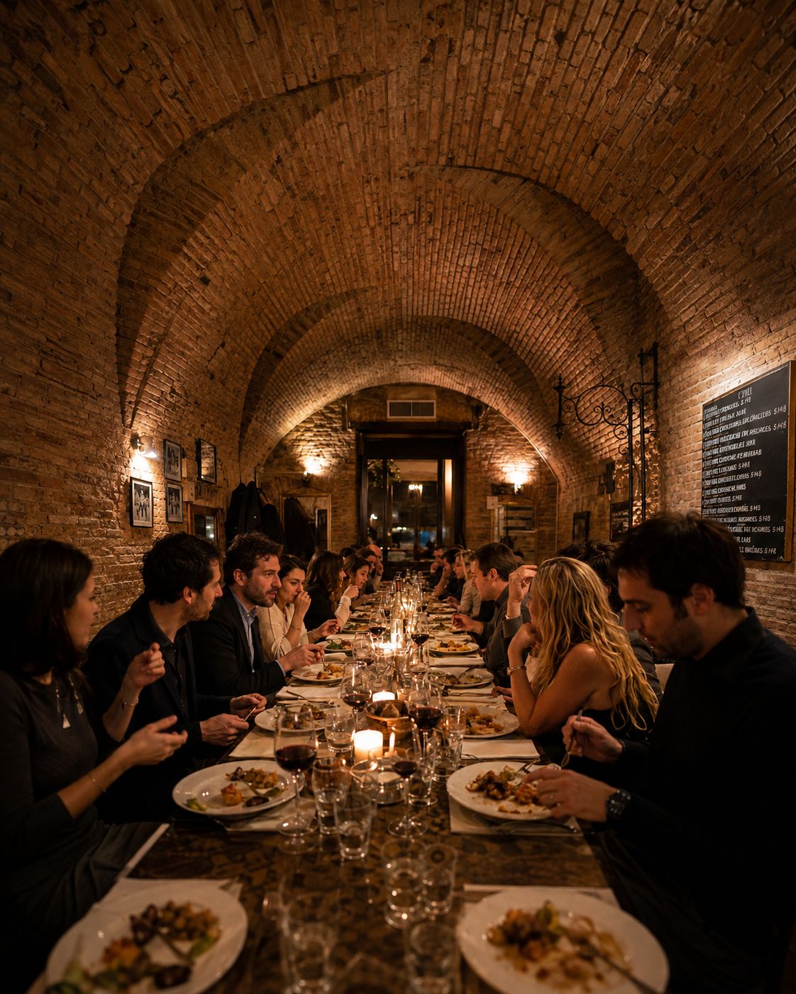 Eine private Dinnertafel in einem historischen Gewölbe im Zentrum von Rom.