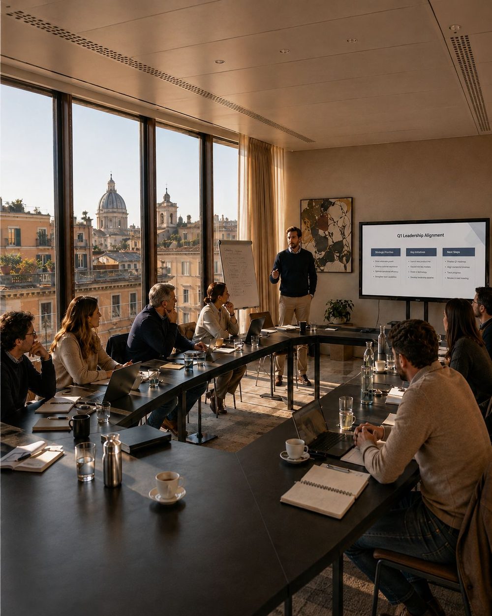 Führungsteam bei einer Arbeitssession an einem Tisch in U-Form in einem hellen Meetingraum über den Dächern Roms
