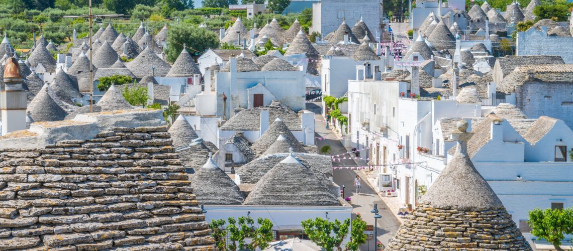 Scenic sight in Alberobello, the famous Trulli village in Apulia, southern Italy.