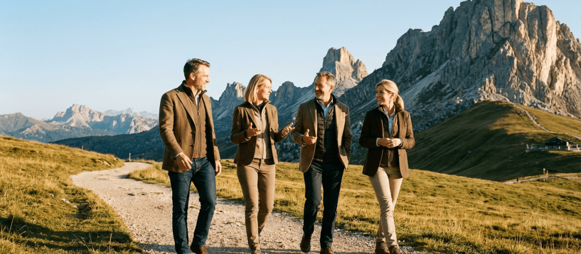 Corporate leadership retreat in the Italian Dolomites, with a team hiking through dramatic mountain landscapes during an outdoor strategy and bonding experience.