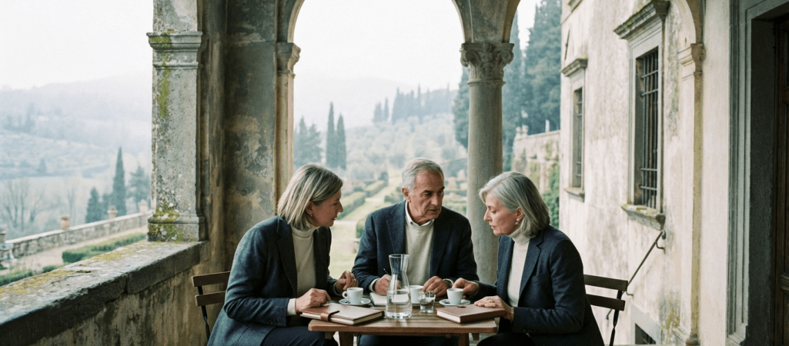 Executive offsite in Italy at a countryside villa, with leadership team engaged in focused decision-making and strategic discussion in a calm, private setting.