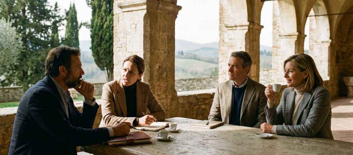Executive leadership team at an offsite retreat in Italy, engaged in strategic discussion and planning in a scenic outdoor setting.