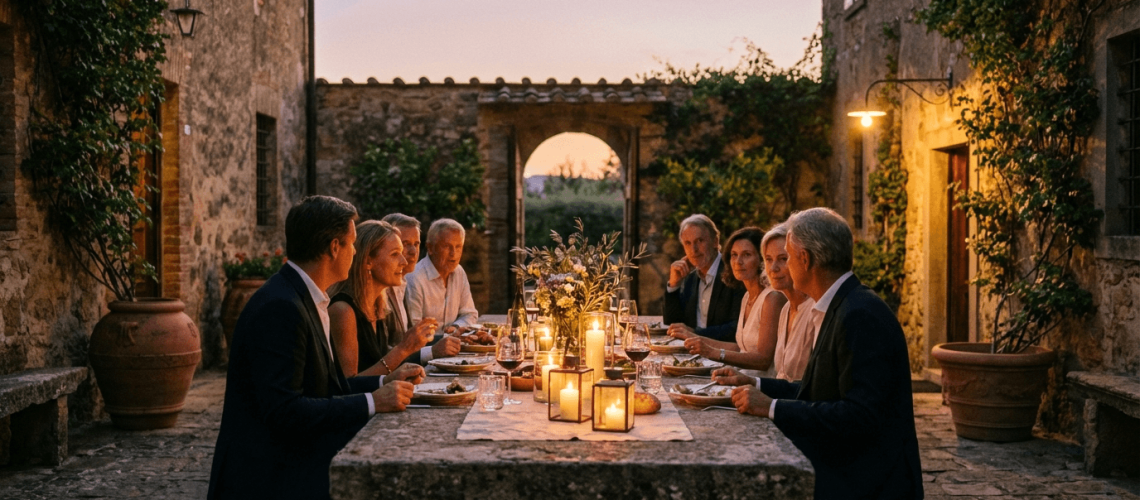 Private intimate dinner event in the Italian countryside, set outdoors with long table dining, warm lighting, and a scenic rural landscape atmosphere.