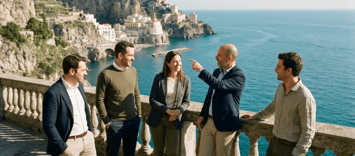 Team building strategy session on the Amalfi Coast in Italy, with a group of professionals collaborating in a scenic coastal setting overlooking the sea.