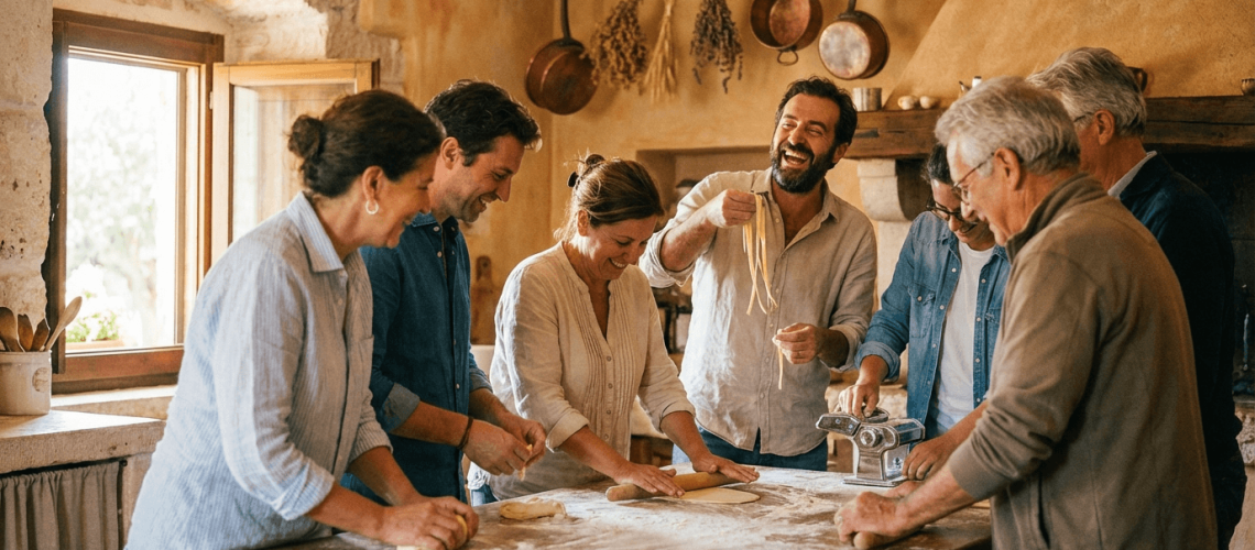 Team building event in Italy with a group cooking together at a rustic farmhouse kitchen.